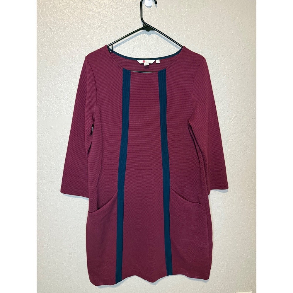 Boden UK 14 US 10R Burgundy Purple Teal Ribbed Knit Dress 3/4 Sleeve Pockets